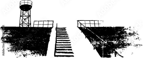Industrial urban scene with rugged metal stairway and tower in black and white stencil