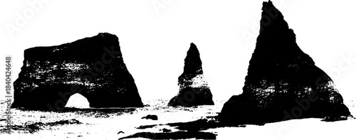 Black and white stencil art of rugged ocean cliffs for coastal design