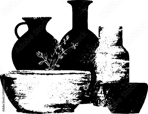 Rustic pottery stencil art in black and white for urban decor and design