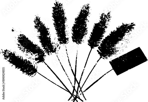 Artistic black and white stencil of seed packets featuring botanical designs for urban art projects