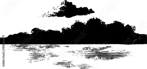 Black and white stencil art of reflections in shallow pools