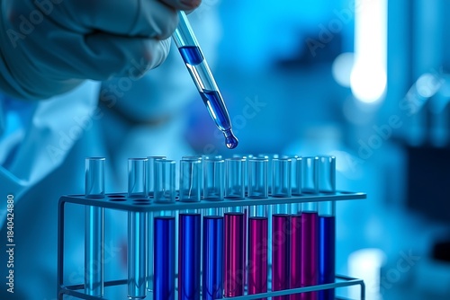 Scientist using pipette to add blue liquid into test tubes in modern laboratory, medical research equipment, chemical analysis and biotechnology experiment setup
