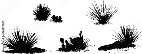 Black and white stencil illustration of short desert shrubs for design and decor