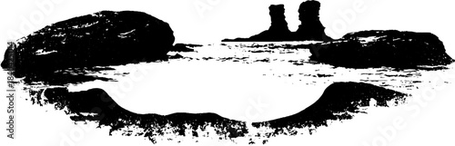 Black and white stencil illustration of shoreline tide pools for nature-inspired designs