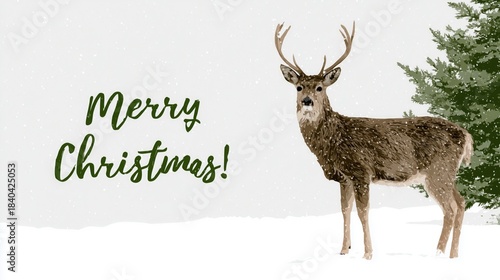 Merry Christmas text in green cursive, paired with brown reindeer (with antlers) standing in snow next to evergreen tree, set against light snowy background. Festive winter holiday design