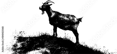 Monochrome stencil art of goat silhouette on hill