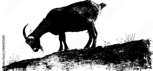 Black and white stencil of goat silhouette on rough terrain for urban art design