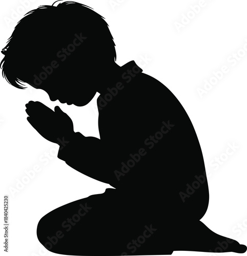 Silhouette of Kneeling Child Praying in High-Contrast Minimalist Style on White Background