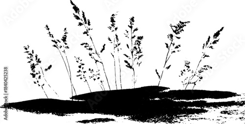 Black and white stencil art of slender grass stems for nature-inspired design and decor