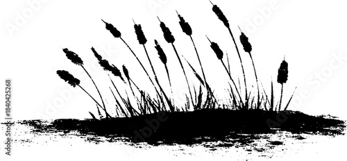 Elegant black and white stencil of slender curving reeds