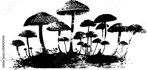 Black and white woodland mushroom stencil illustration for nature-inspired art and decor