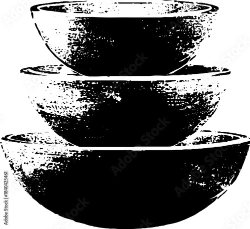 Minimalist black and white stencil of stacked clay bowls for art and design inspiration