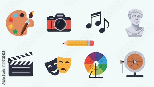 This flat design vector illustration features a contemporary collection of icons for art and creative education, perfect for studios, schools, and cultural platforms. 