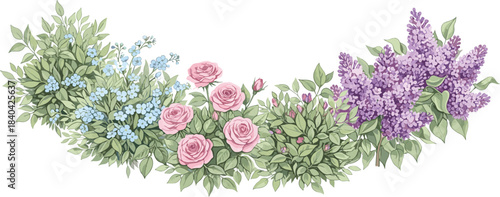Beautiful Curved Floral Border Vector Illustration with Pink Roses, Purple Lilac, and Blue Forget-Me-Nots, Isolated for Romantic Wedding Design.