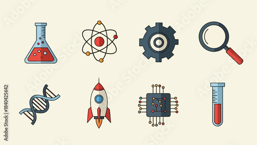 A vibrant flat design vector illustration showcasing a collection of icons representing Science, Technology, Engineering, and Math (STEM) education. 