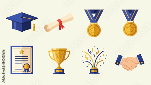 A festive flat design vector illustration showcasing a collection of icons representing graduation and academic achievement, ideal for celebratory announcements and educational institutions. 