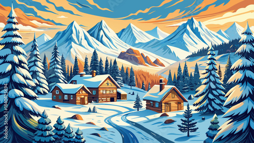 Very beautiful hand-drawn winter landscape featuring mountains, pine trees, and small village houses, sketched with fine lines to evoke rustic charm and peaceful rural scenery in cold seasonal weather