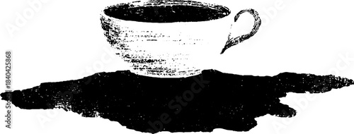 Black and white stencil illustration of spilled coffee forming unique pattern for design use