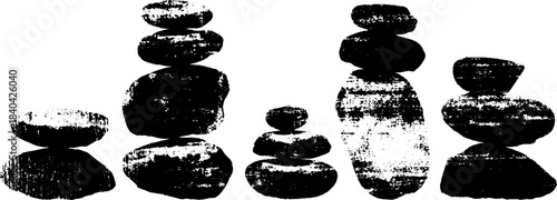 Black and white stencil illustration of stacked pebbles for zen and balance themed design