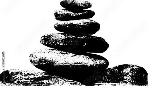 Zen balance with black and white stacked river stones stencil illustration for meditation art