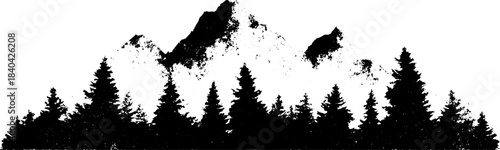Black and white stencil illustration of stark hillside silhouette with mountain and trees