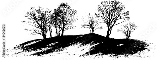 Monochrome stencil illustration of leafless shrubs on stark landscape
