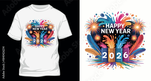 Happy new year 2026 t shirt design paint cans feathers fireworks burst festive decoration