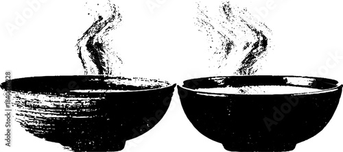 Black and white silhouette of steaming broth ladled into bowls for culinary design