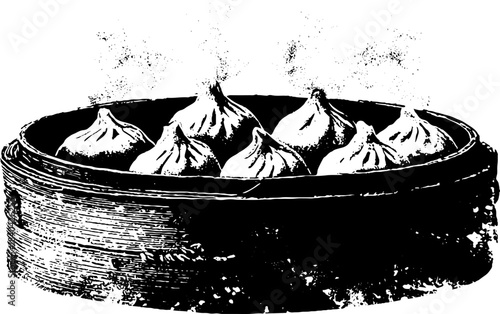 Black and white stencil art of steaming dumplings in bamboo basket for urban decor