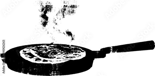 Black and white stencil illustration of a steaming urban flatbread in pan