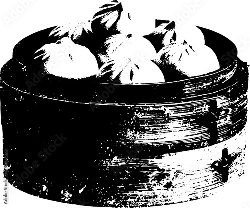 Black and white stencil illustration of steaming street buns for urban art and design