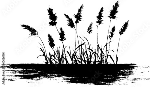 Black and white stencil of submerged reeds silhouette for nature art design