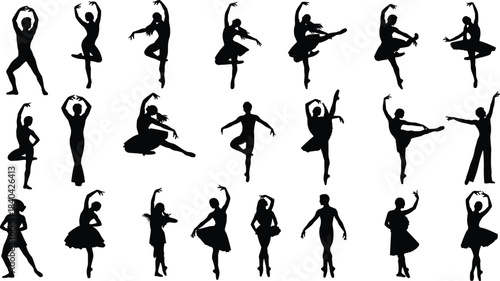 Collection of Elegant Dancer Silhouettes in Various Ballet and Contemporary Dance Poses, Flat Vector Illustration Set for Performance, Arts, and Studio Design