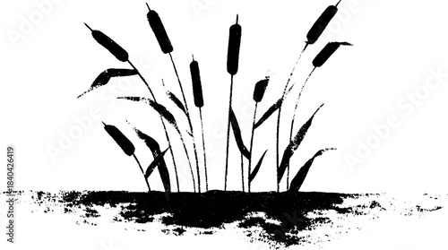 Black and white stencil illustration of submerged reeds emerging