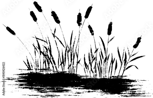 Black and white stencil illustration of submerged reeds in artistic grunge style