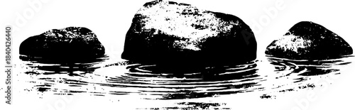 Black and white stencil illustration of submerged stones