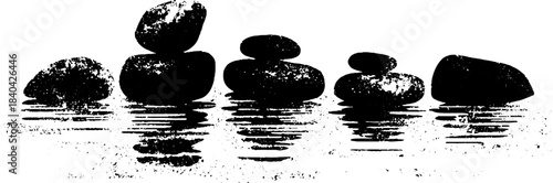 Black and white stencil art of submerged stones reflecting on water surface