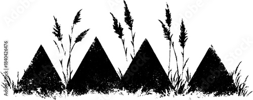 Black and white stencil of swamp grasses with geometric elements for urban art