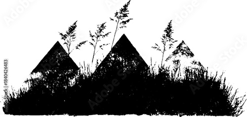 Black and white stencil of swamp grasses and pyramids for nature-inspired design