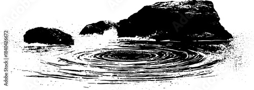Black and white swirling tide current with rocks stencil design for posters and prints