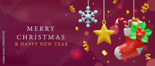Festive Christmas and New Year banner with 3D holiday decorations on a rich burgundy background. Golden stars, snowflakes, candy canes, gift boxes, a stocking for holiday greetings, promotions