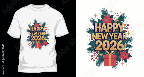 Happy new year 2026 vector greeting design surrounded by festive winter foliage poinsettias holly berries and christmas gift box illustration