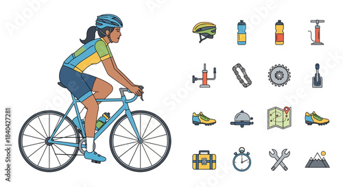 A woman cycling on a road bike with a collection of bicycle parts, accessories, and tools icons for sports and leisure activities.