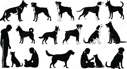 Collection of Various Dog Breed Silhouettes and People Interacting with Pets, Standing, Sitting, and Walking Poses, Flat Vector Illustration Set for Animal Design