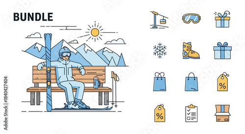 A detailed illustration bundle featuring a skier relaxing on a bench in the mountains and various winter sports and shopping-related icons.