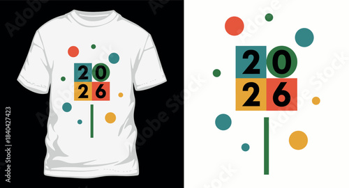 Happy new year 2026 t shirt design template colorful squares circles abstract geometric style