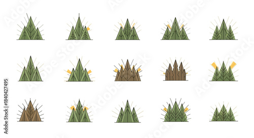 A collection of stylized green plant illustrations, resembling cacti or succulents, some with yellow flowers or brown spikes, on a white background.