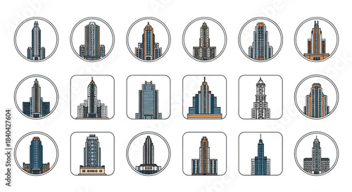 A collection of 18 distinct skyscraper illustrations, showcasing various architectural designs of tall urban buildings.