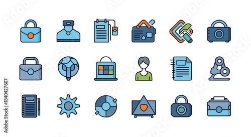 Collection of business, security, and technology icons with a modern flat design style, featuring various symbols for data, finance, and user profiles.