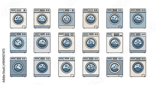 A collection of 18 cartoon-style front-loading washing machines in various shades of blue, grey, and beige, all showing clothes and bubbles inside.